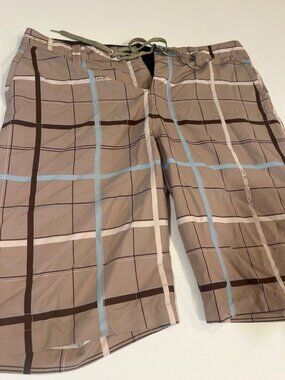 Quiksilver Plaid Board Shorts Beige Blue Brown Men’s Size 34 Swimwear Surf Beach